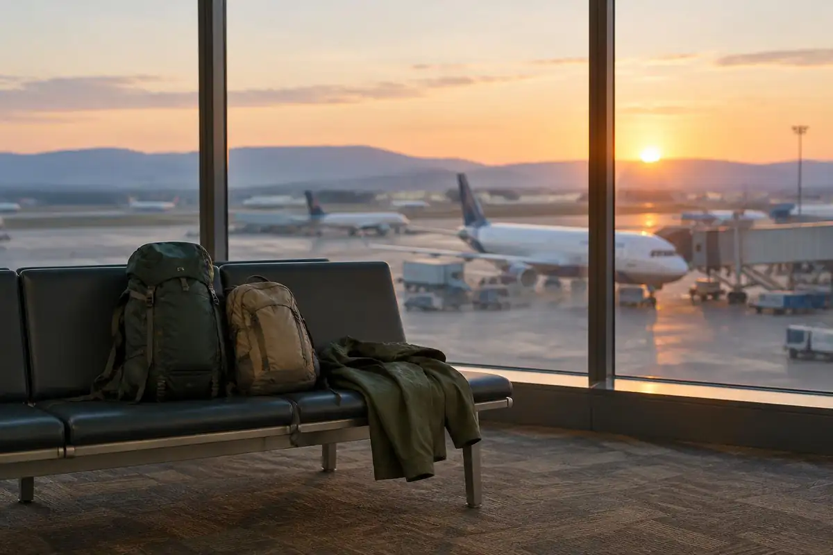 Airport window with hiking packs beside a runway sunrise