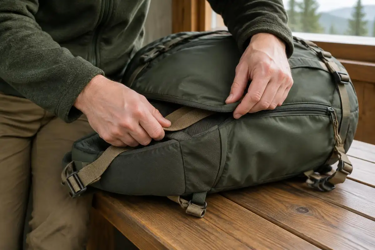 Straps tucked away under a flap on a compact pack