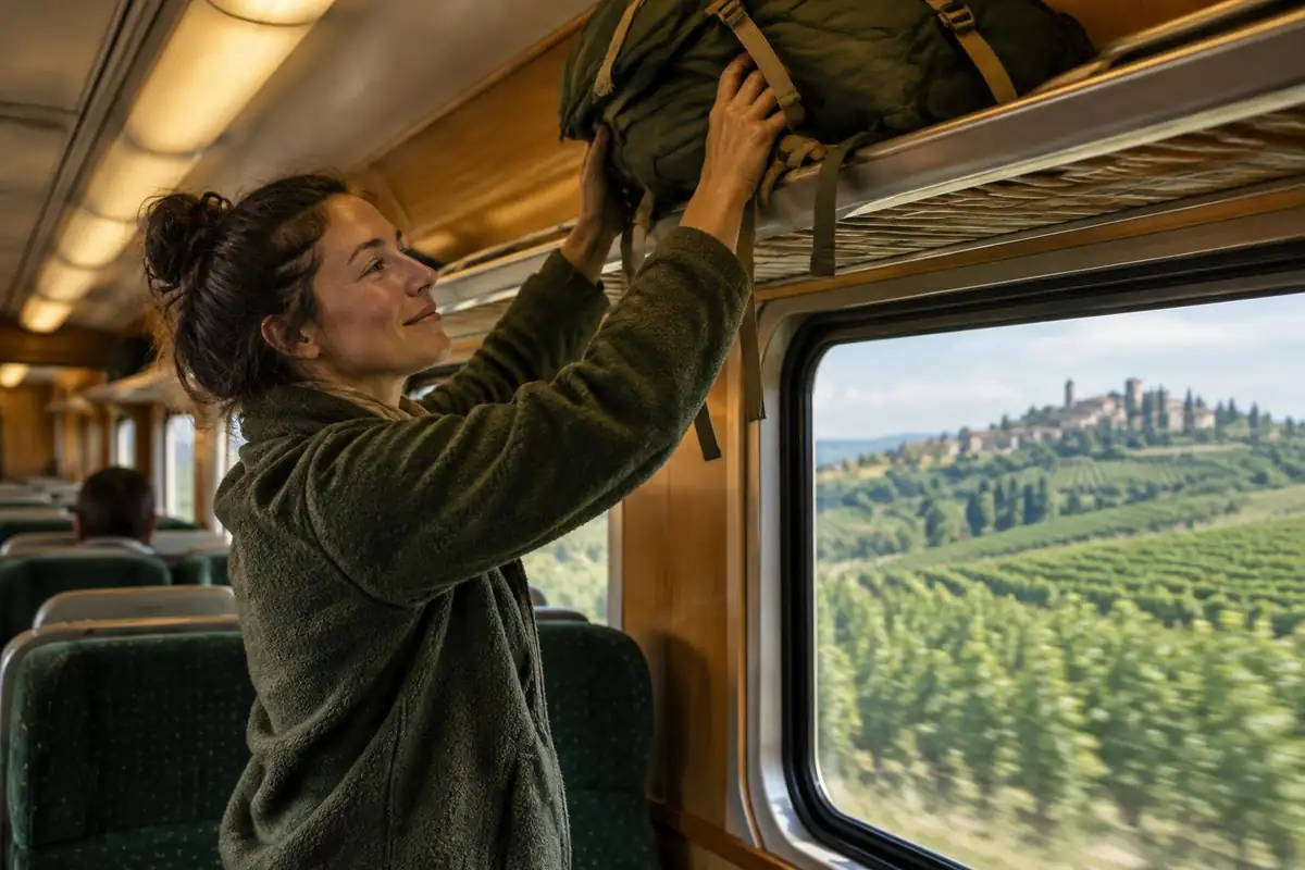Traveller stowing a pack on a train luggage rack