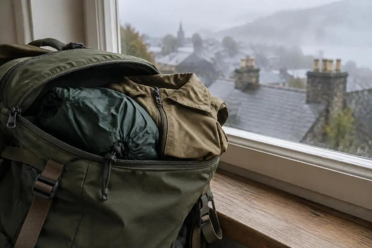 Rain cover and light jacket stuffed in a top pocket by a hostel window