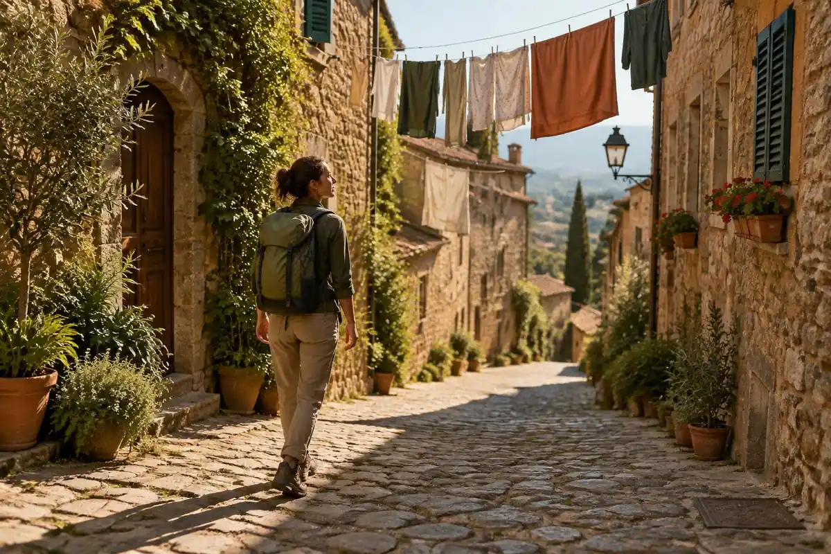 Old town cobbled street with a traveller carrying a hiking pack