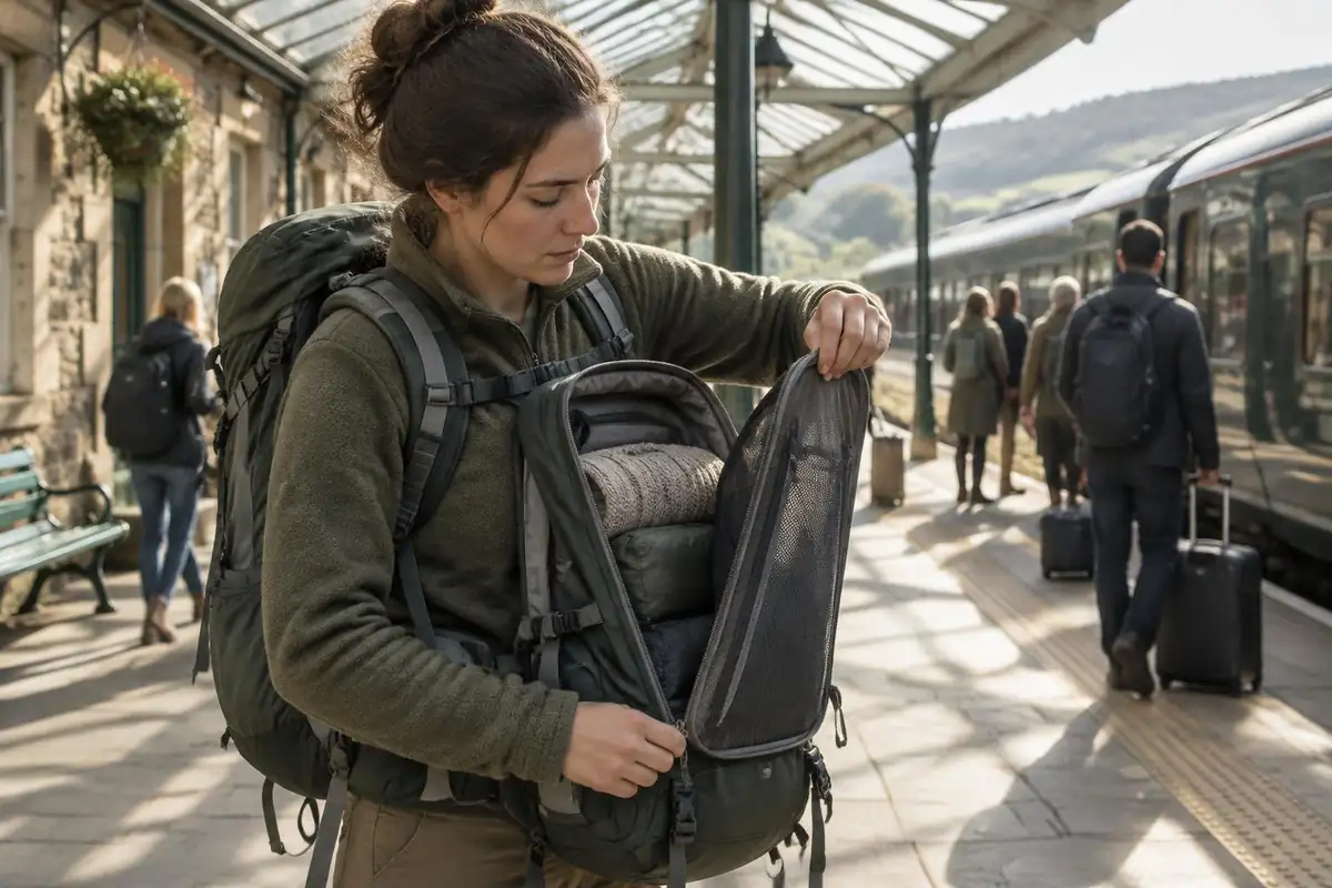 Traveller zipping open the front panel of a pack on a train platform