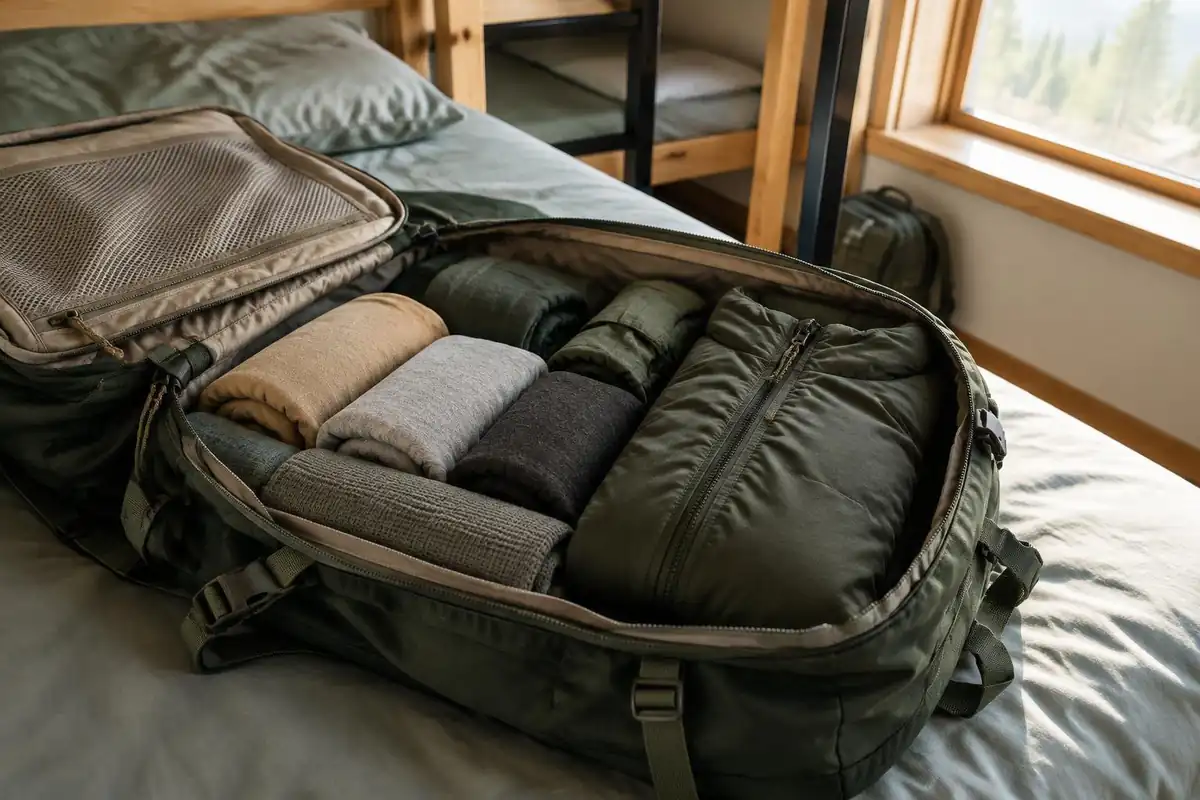 Packed clothes cubes and a compact rain jacket in an opened pack