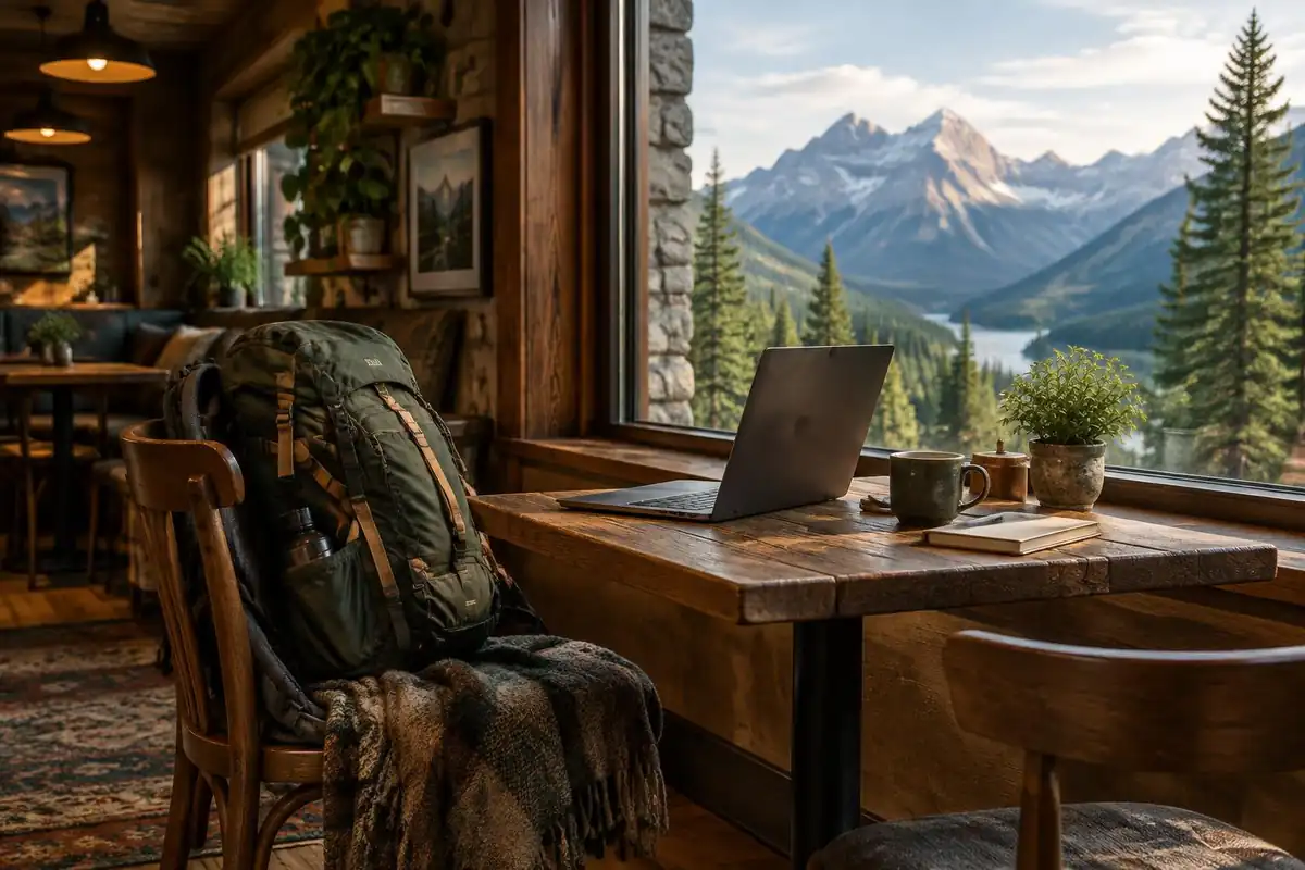 Cafe table with a remote worker and a hiking pack beside a laptop