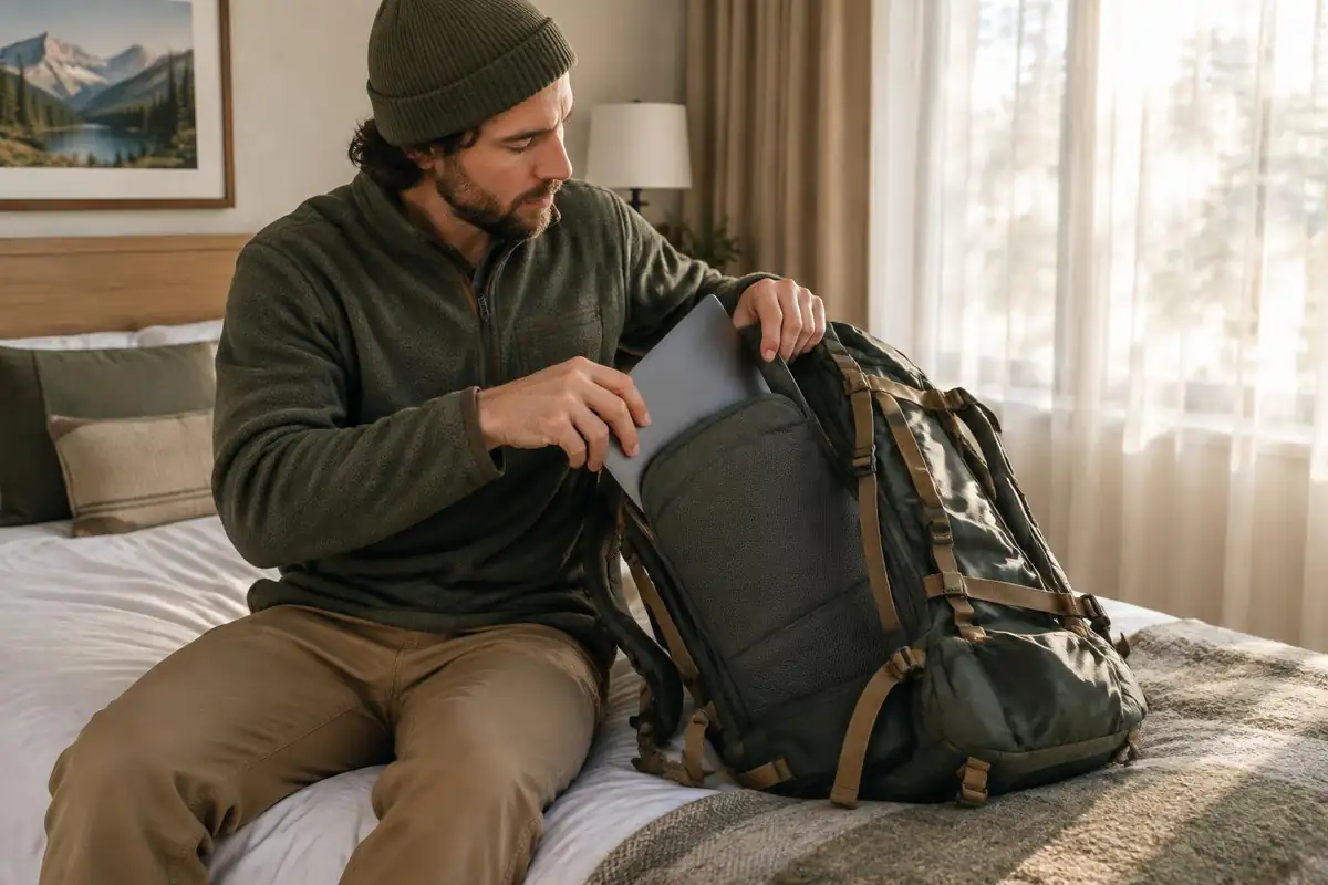 Traveller sliding a slim laptop into a padded back sleeve