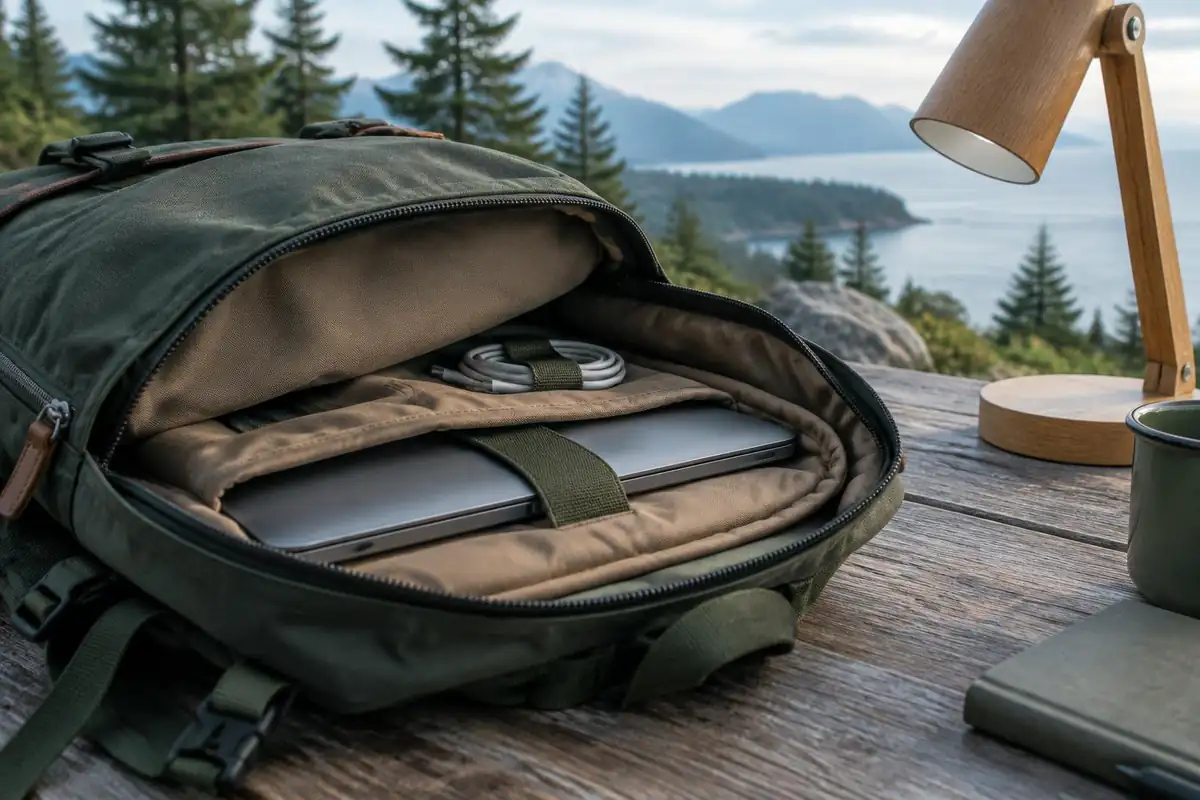 Padded sleeve edge showing a thin laptop and cable in a pack
