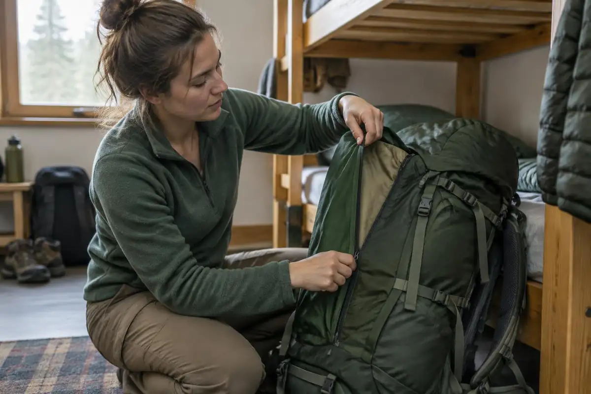 Hiker zipping away the harness cover beside a hostel bunk