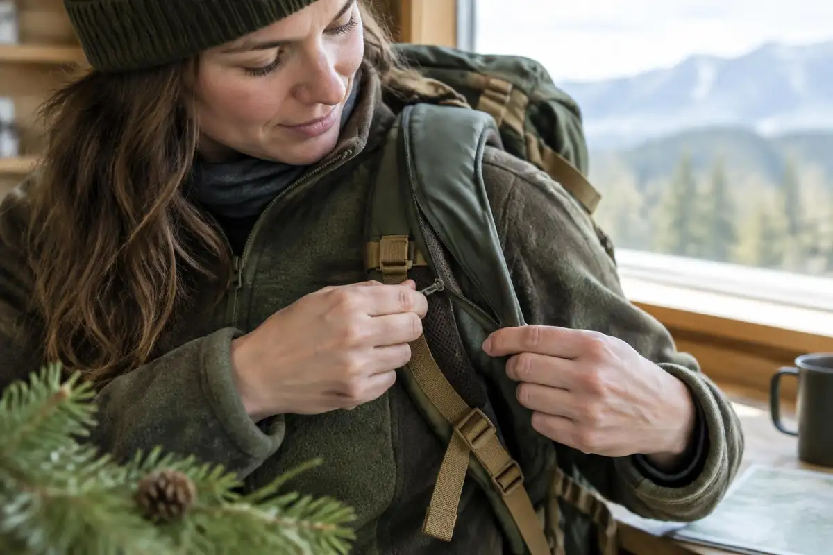 Close-up of a zip-away shoulder harness on a backpack