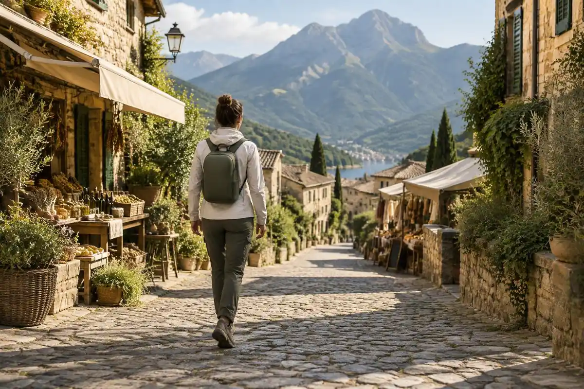 Traveller with a compact carry-on style pack in a cobbled old town