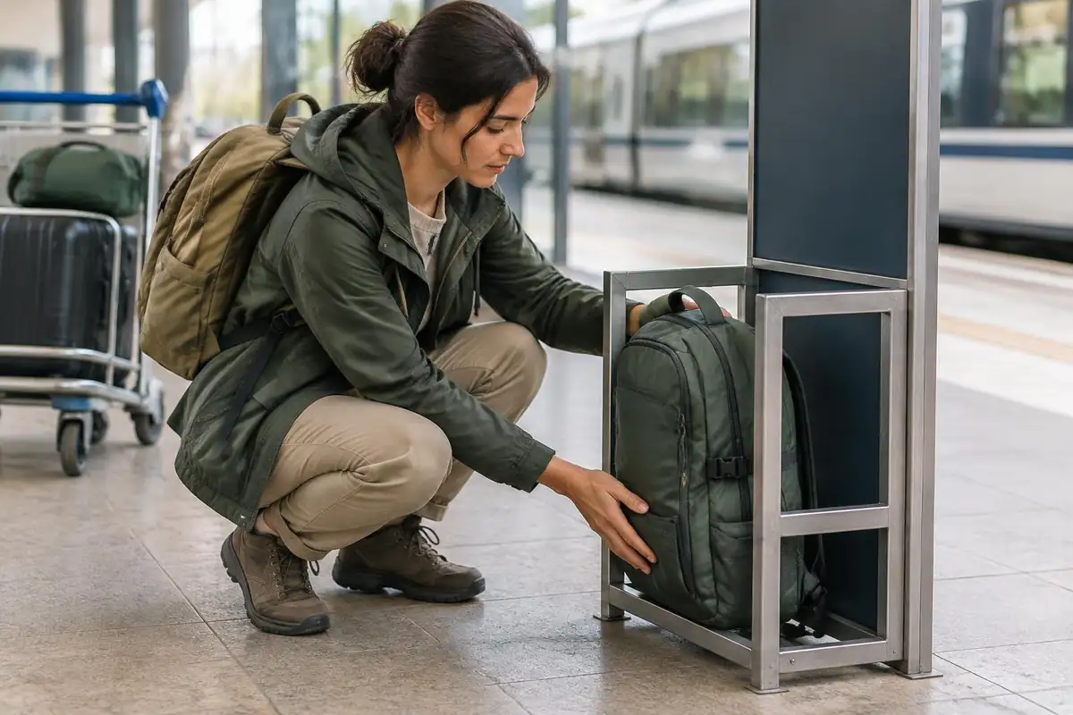 Hiker sliding a compact pack under an airport-style bench to check its size