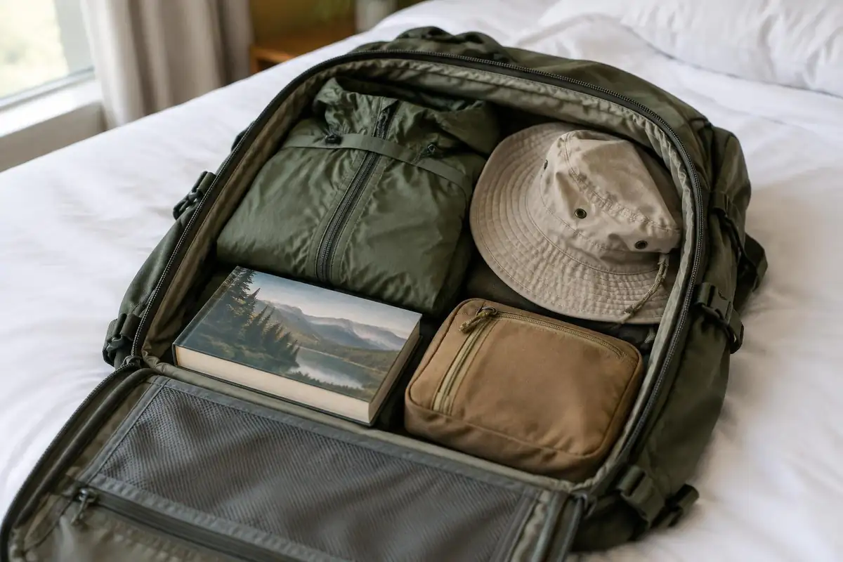Passport pouch, sun hat and folded rain jacket packed in a travel pack