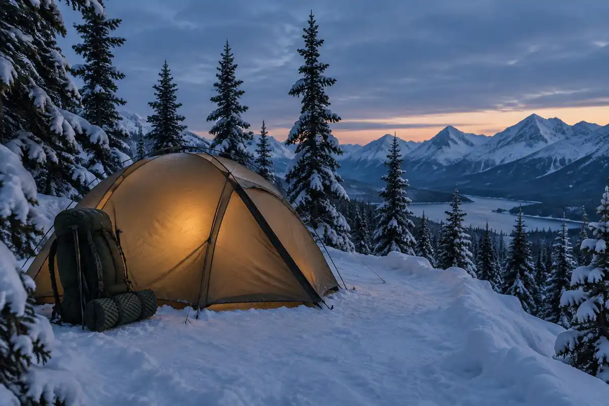 Winter camp in snowy trees with a tent and a loaded pack