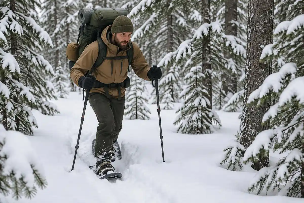 Backpacker breaking trail on snowshoes with a big pack