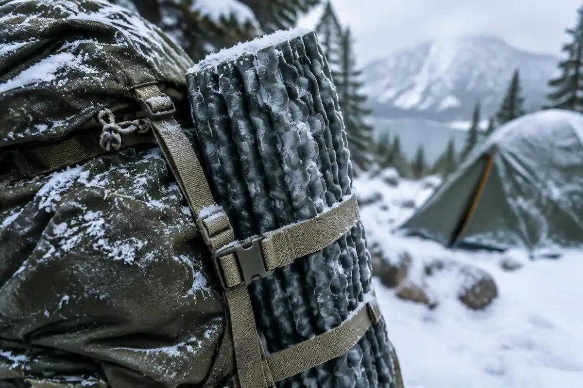 Snow-dusted pack with a foam pad strapped on the outside