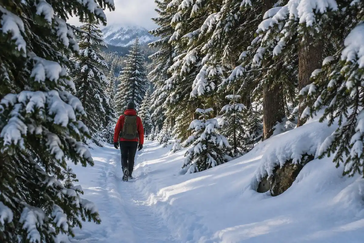 Snow-covered forest trail with a hiker in a bright jacket