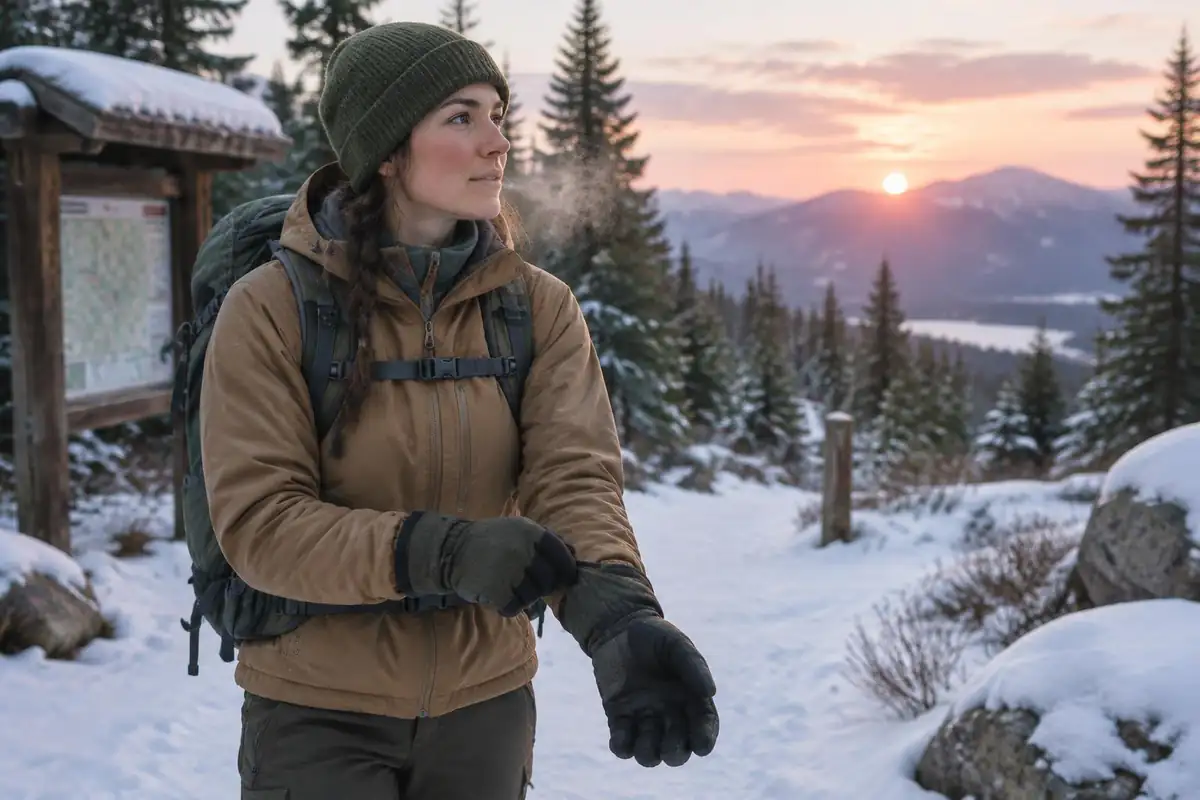 Hiker pulling on thick gloves at a snowy trailhead with a pack on