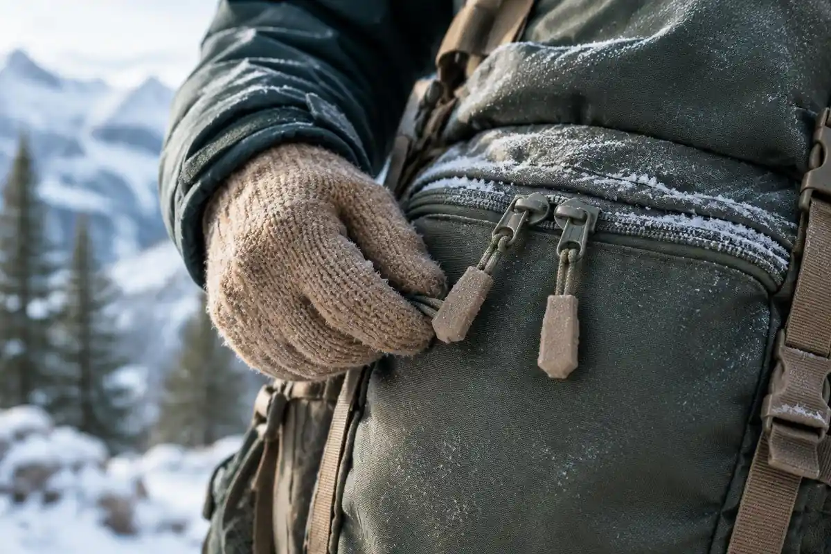Frozen zipper pulls and thick mittens on a pack's front pocket