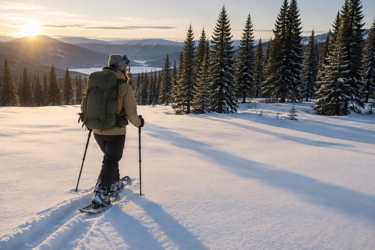 Snowshoer with a large pack crossing a white winter meadow