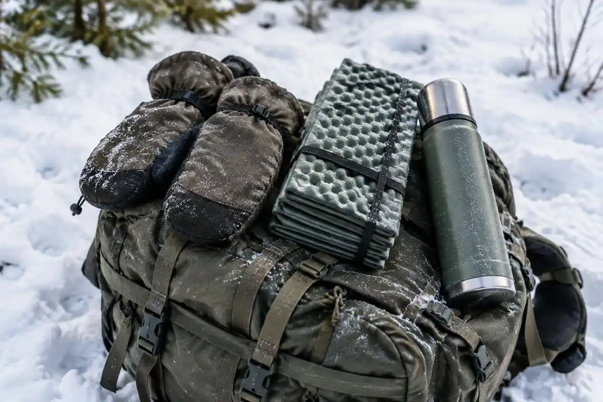 Snow gaiters, mittens and a foam sit pad on a pack in snow