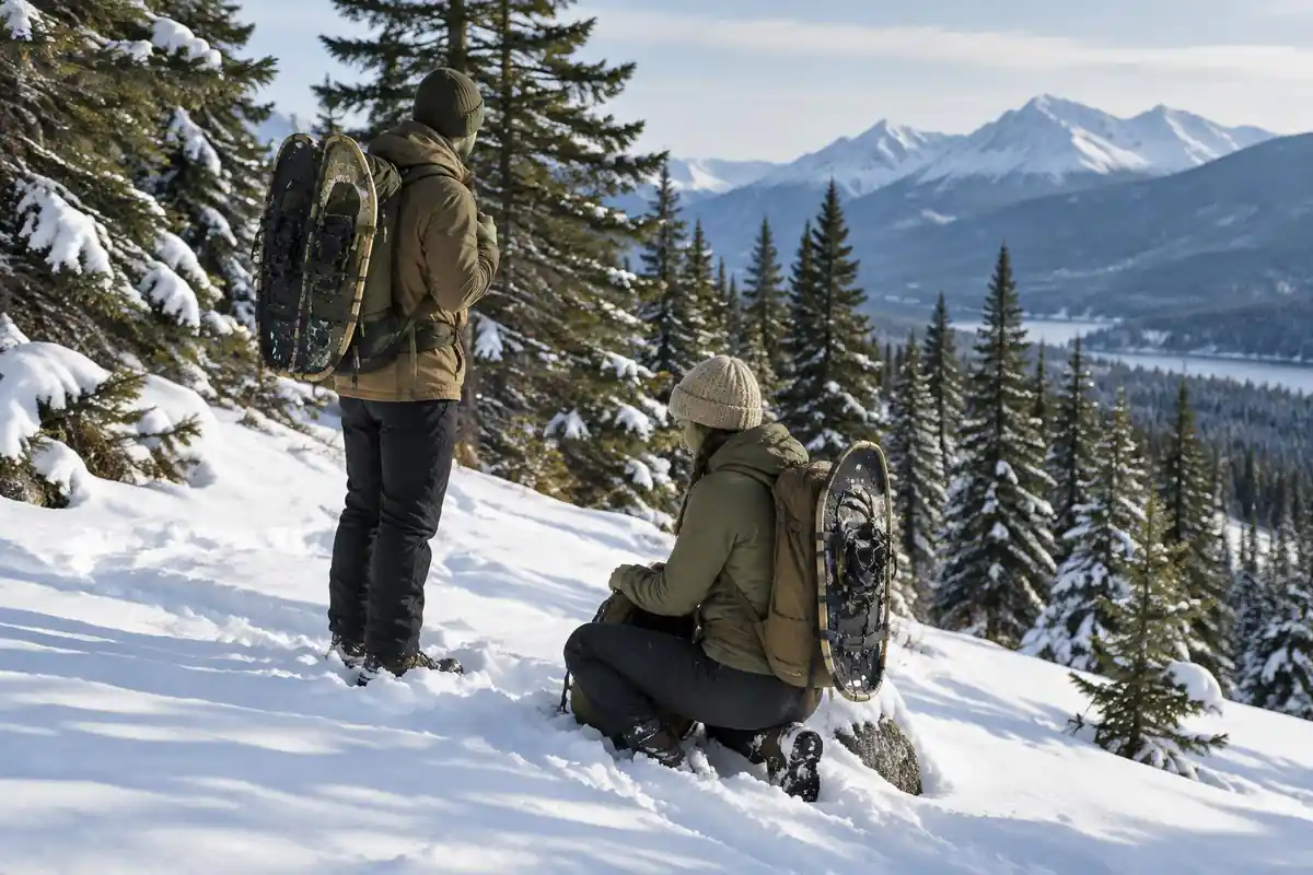 Snowshoers on a white slope with poles stowed and packs on