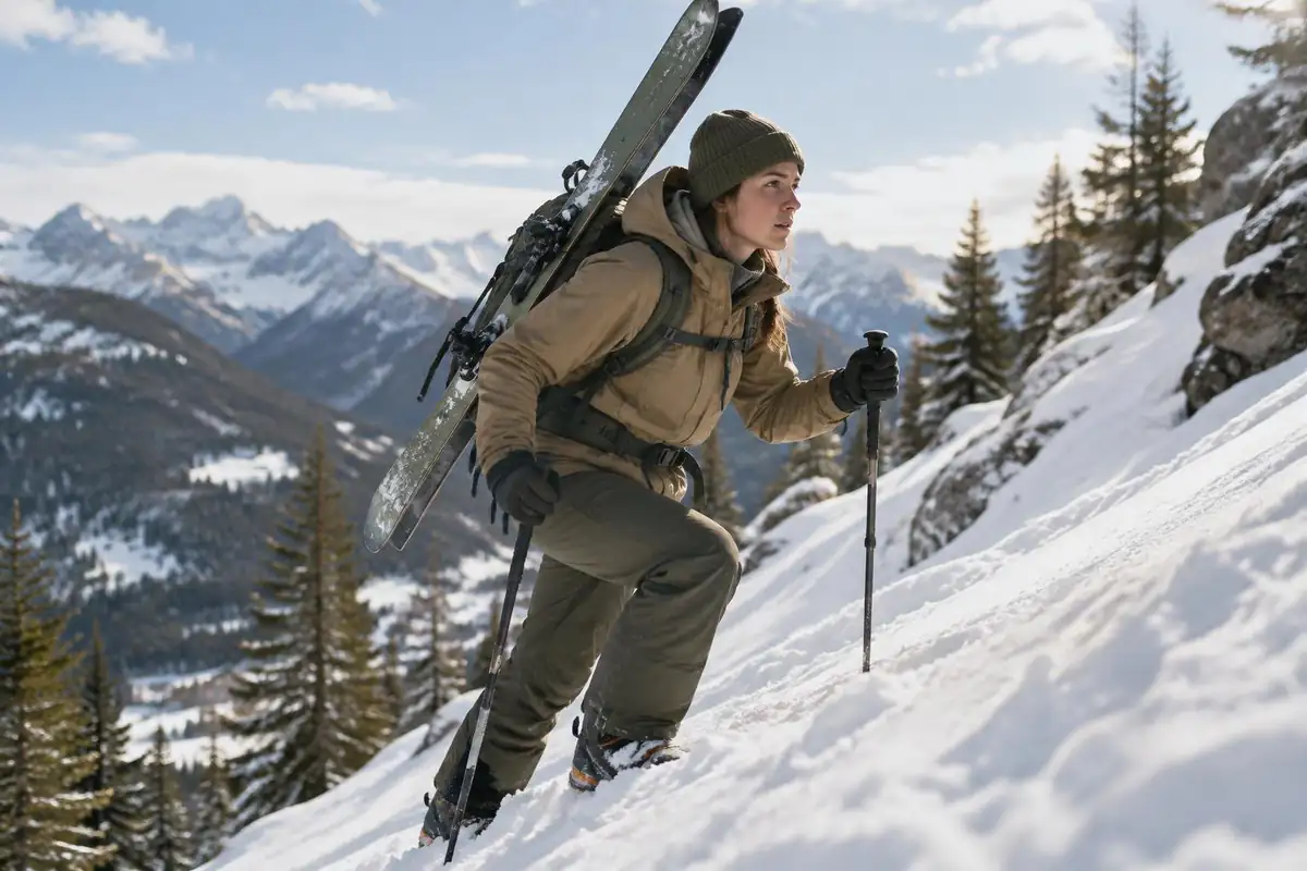 Skier boot-packing uphill with skis carried diagonally on the pack