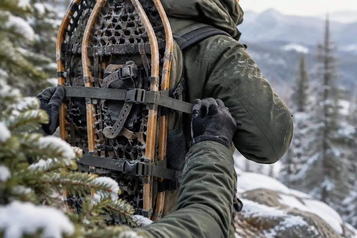 Snowshoe tails held by a pack strap with frosty webbing