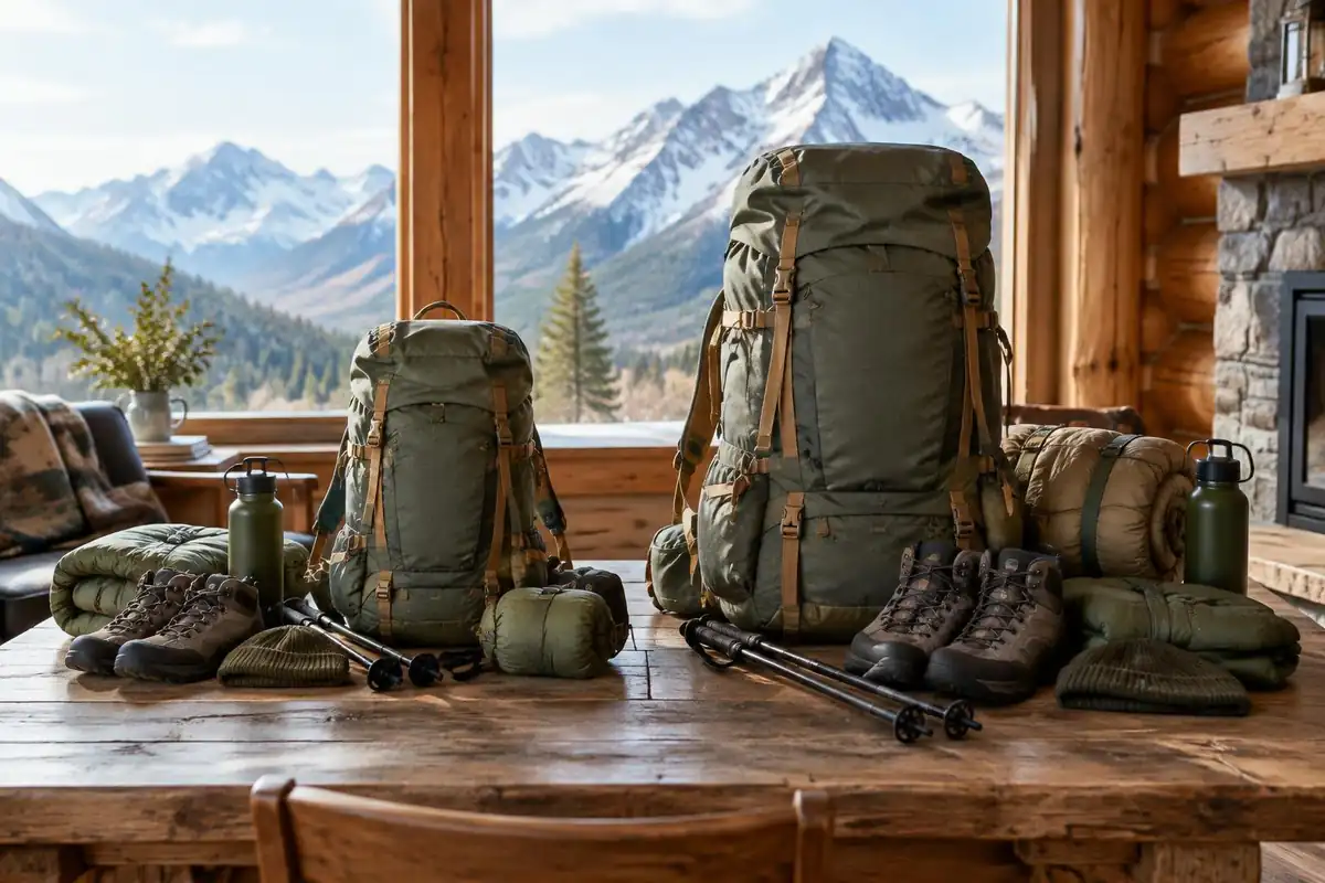 Side-by-side small and large packs on a mountain lodge table