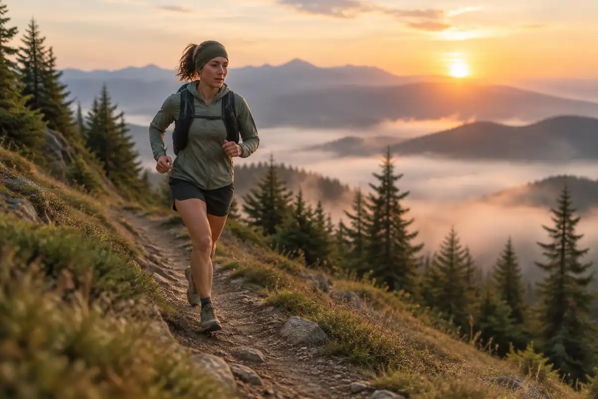 Fastpacker with a compact pack running a ridge trail at dawn