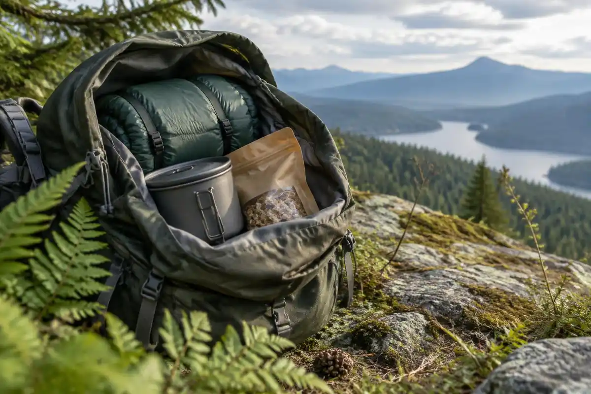 Sleeping bag and stove tucked in a bigger pack, food bag on top