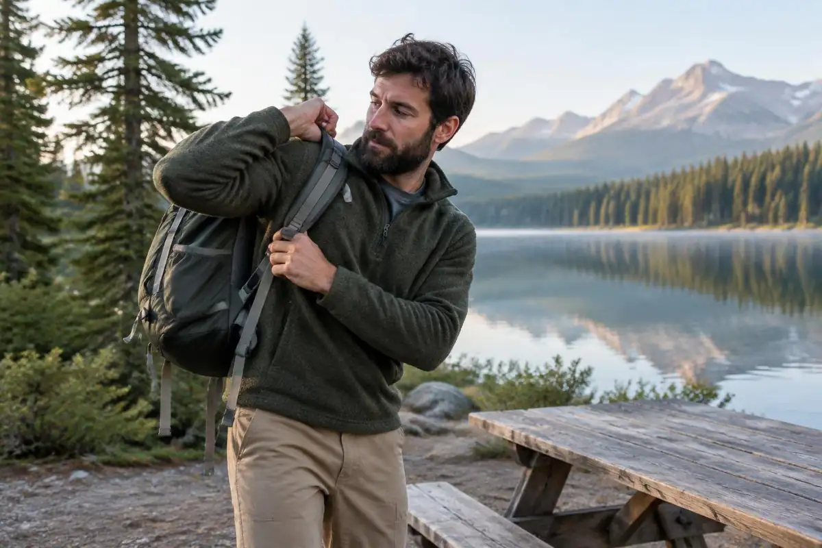 Man lifting a mid-size pack from a picnic table onto one shoulder