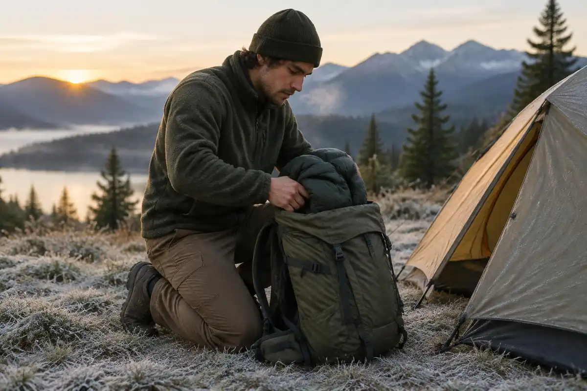 Hiker packing a sleeping layer into a mid-size pack by a tent
