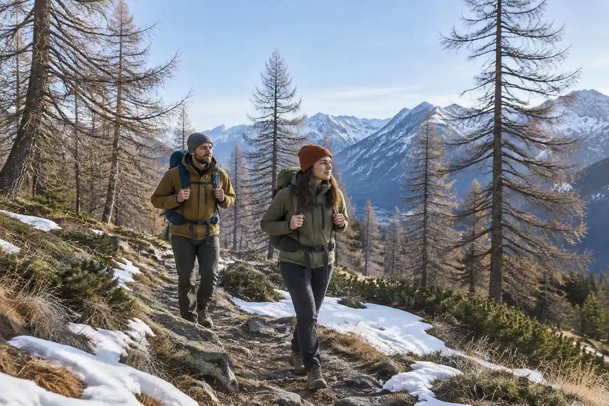 Two hikers in warm jackets on a snowy-edged trail in shoulder season