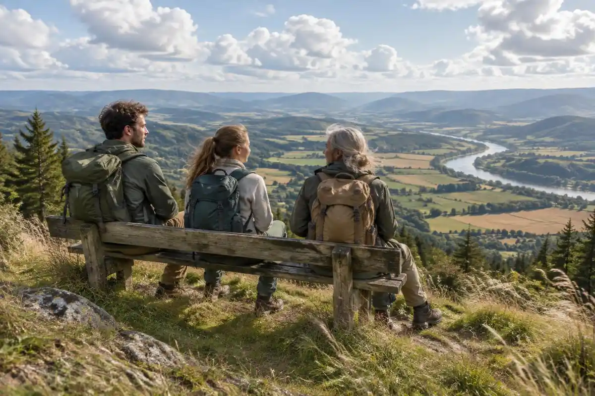 Hikers pausing on a hill with mid-size packs and a valley below