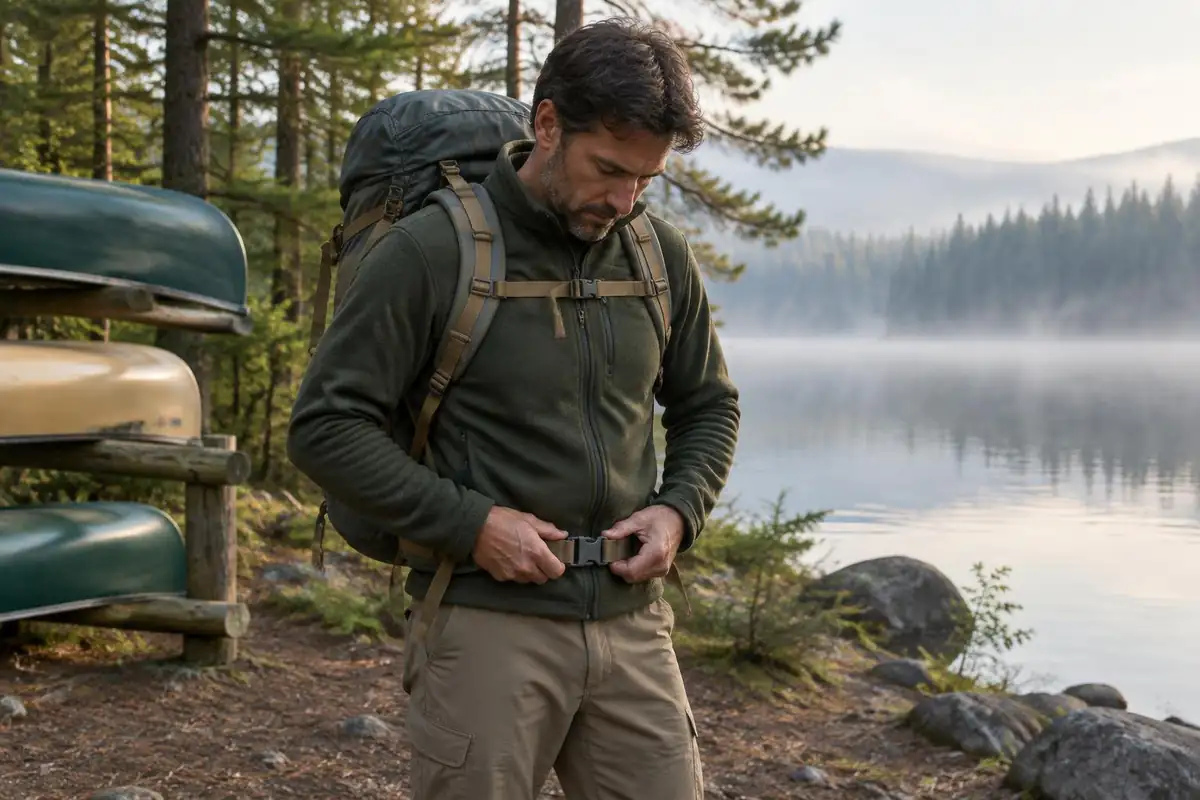 Man clipping a chest strap and hip belt at a lakeside trailhead