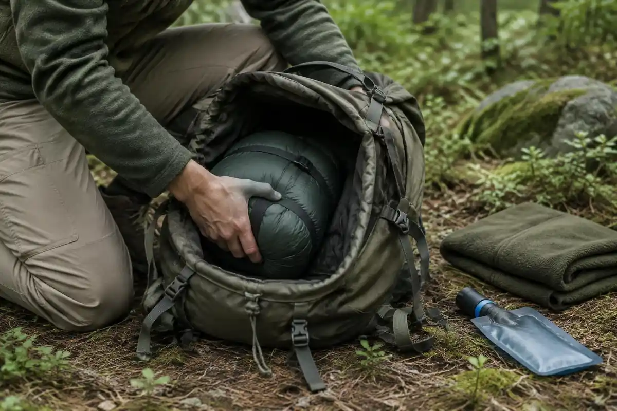 Sleeping bag stuff sack and a folded jacket being packed into a pack lid
