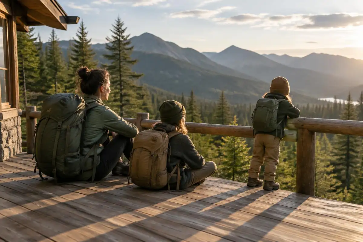 Four mid-size backpacks in a row on a pine deck with mountain view