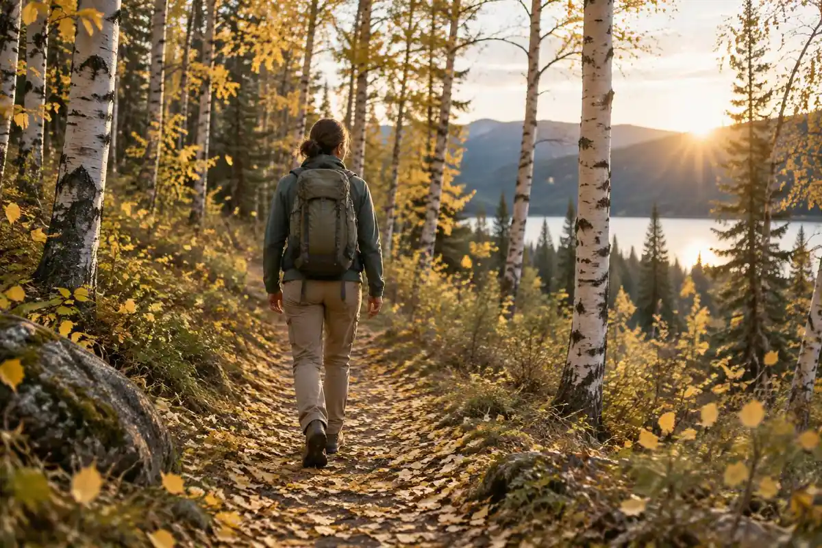 Hiker on an autumn trail with a mid-size pack, birch leaves falling