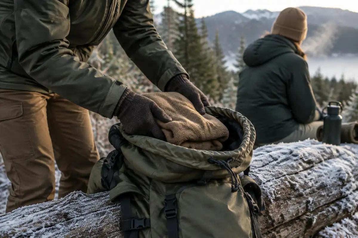 Hands folding a warm jacket into an open pack in shoulder-season cold
