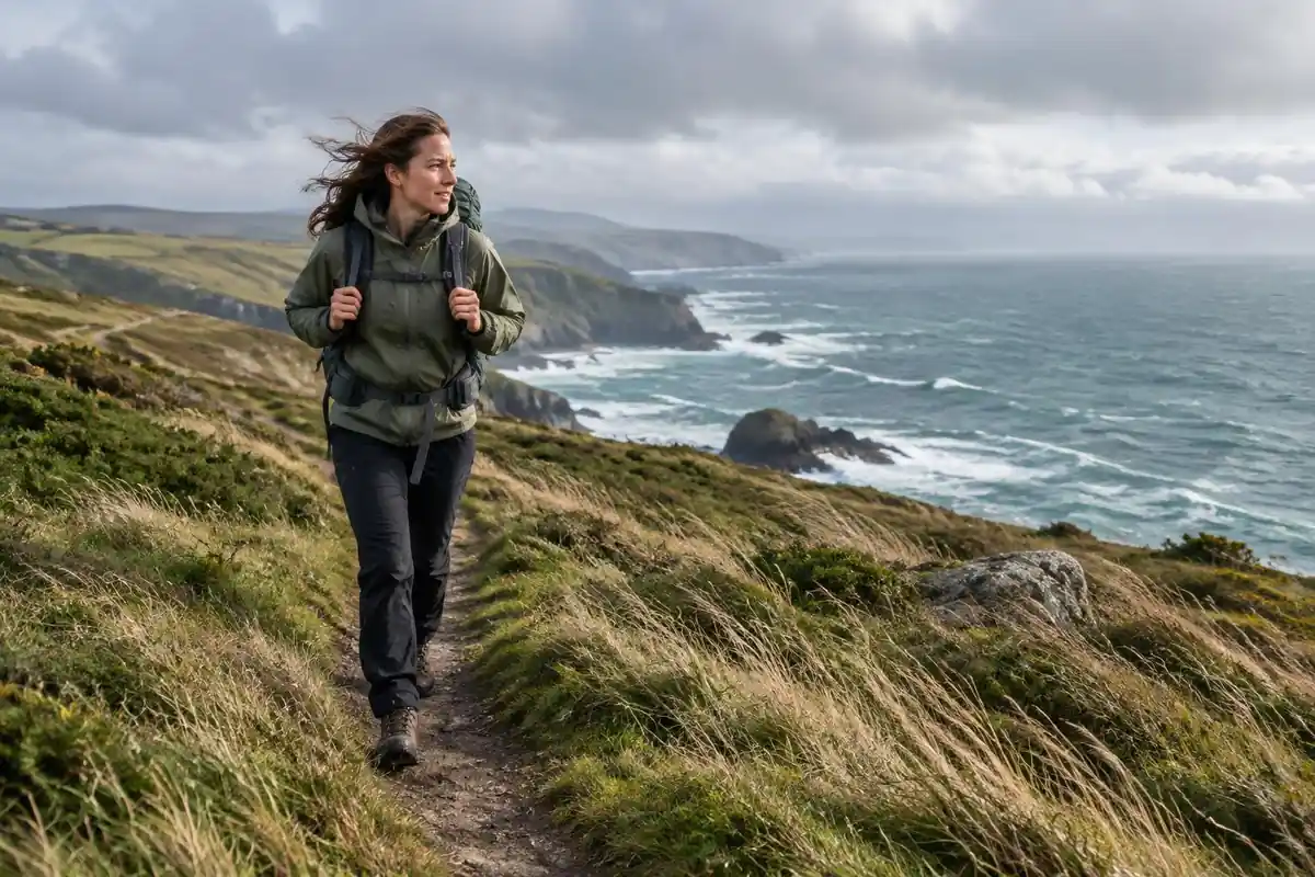 Coastal headland trail with a hiker carrying a weekend pack in wind