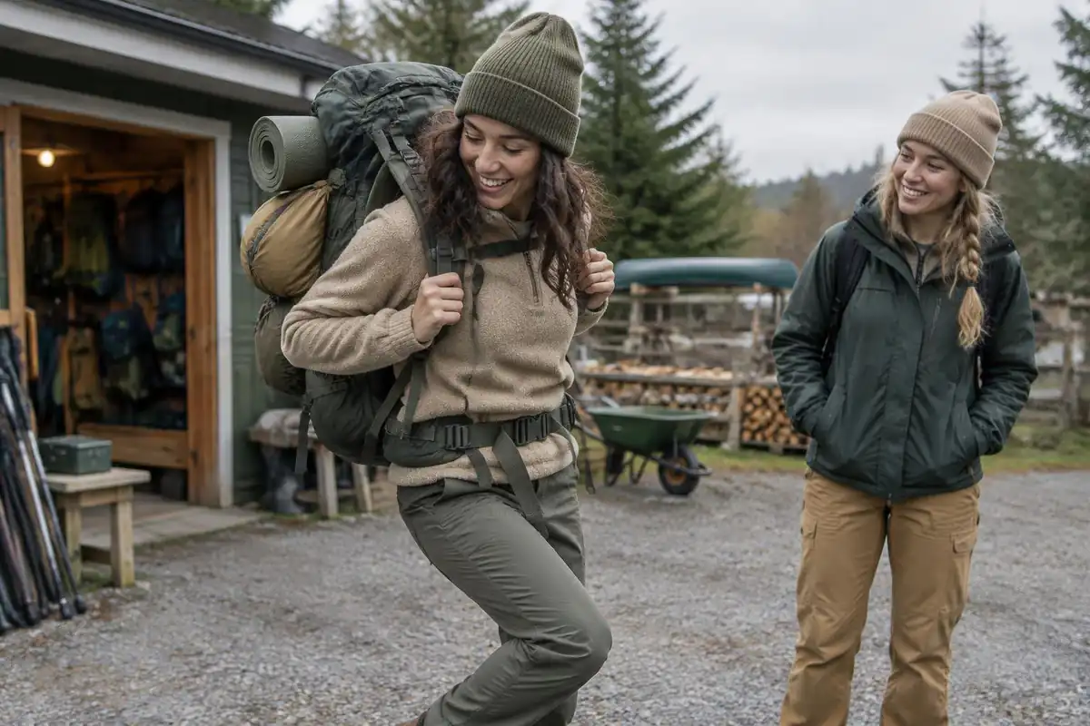 Woman shouldering a loaded pack and bouncing to test the fit