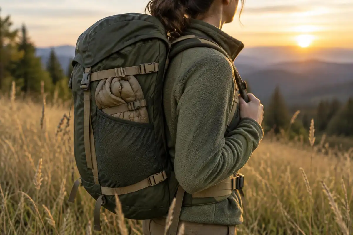 Side compression straps and stretch pocket holding a rolled jacket