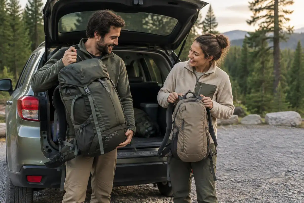 Couple lifting a full pack together to check its size beside a car