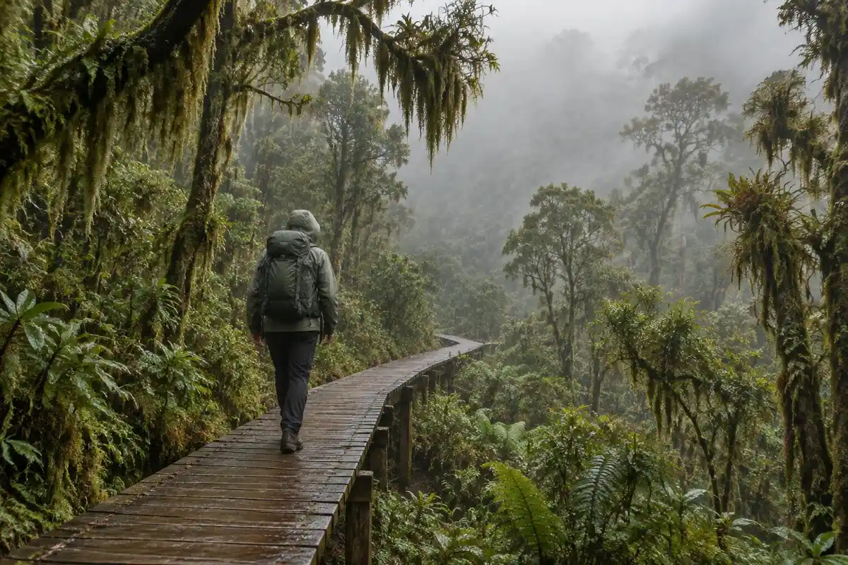 Cloud forest boardwalk trail with a hiker carrying a roomy pack