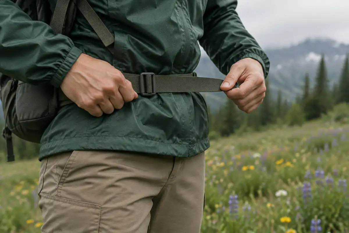 Close view of hip belt buckle and webbing being adjusted
