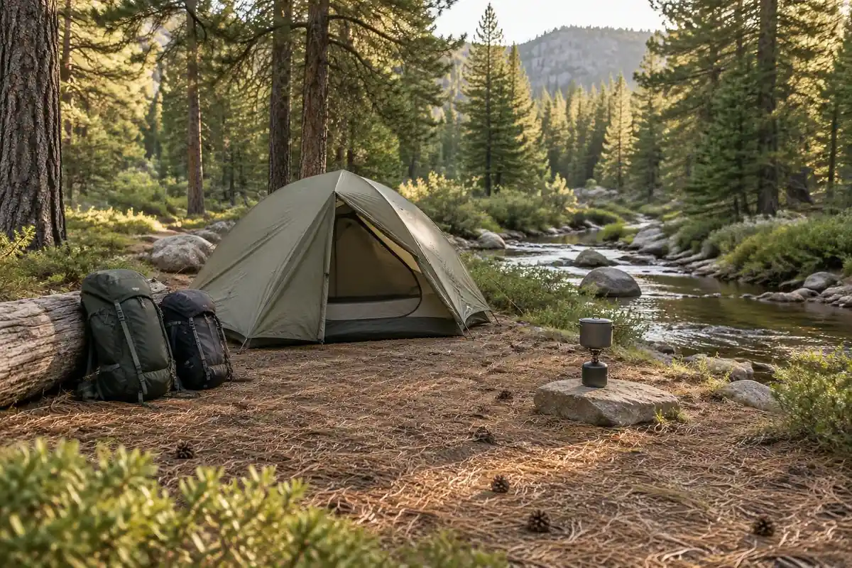 Weekend campsite with a small tent and two packs by a creek