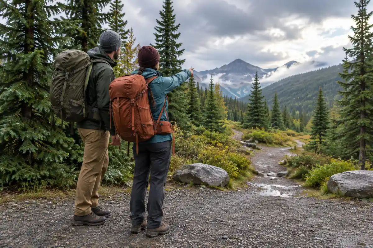Fifty and sixty-five litre packs standing at a gravel trailhead