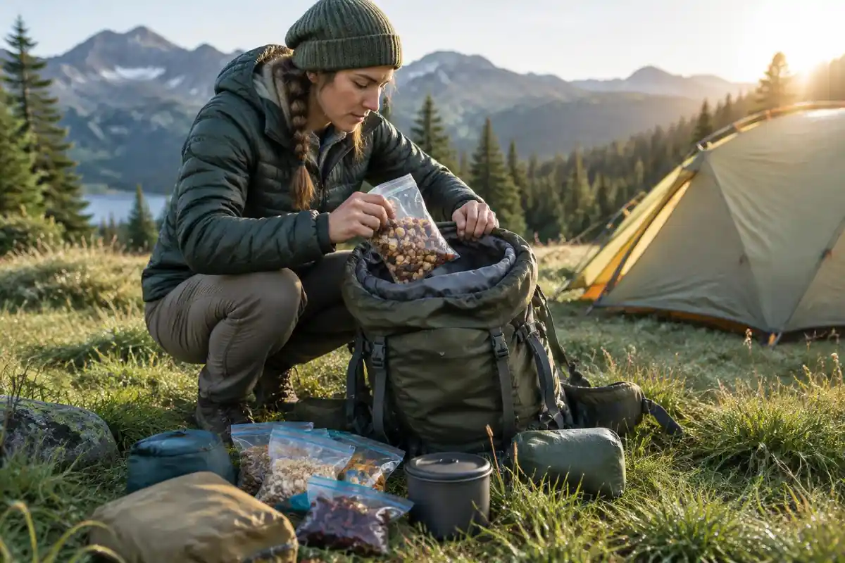 Hiker crouched loading food for a long trip into a big pack in camp