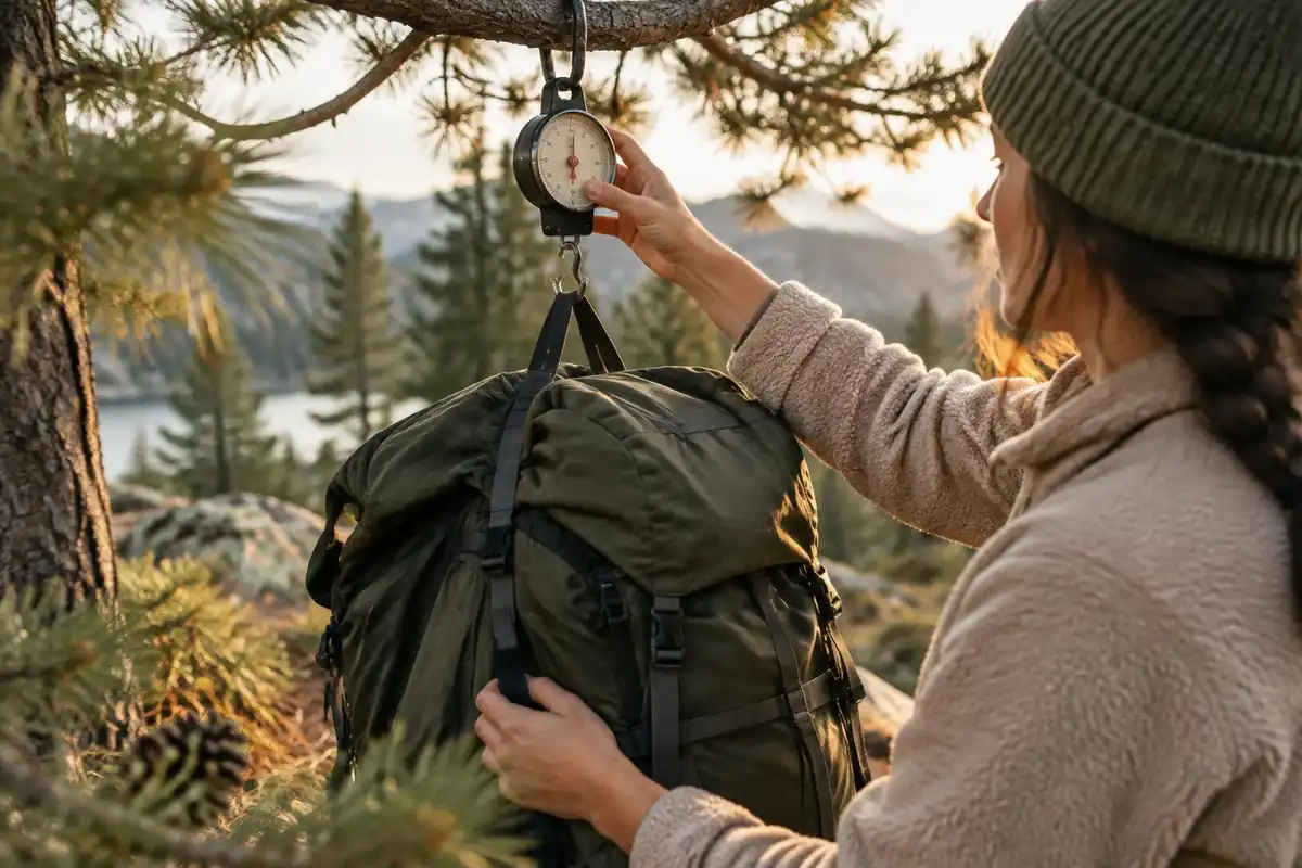 Weighing a large pack on a hanging scale from a tree branch