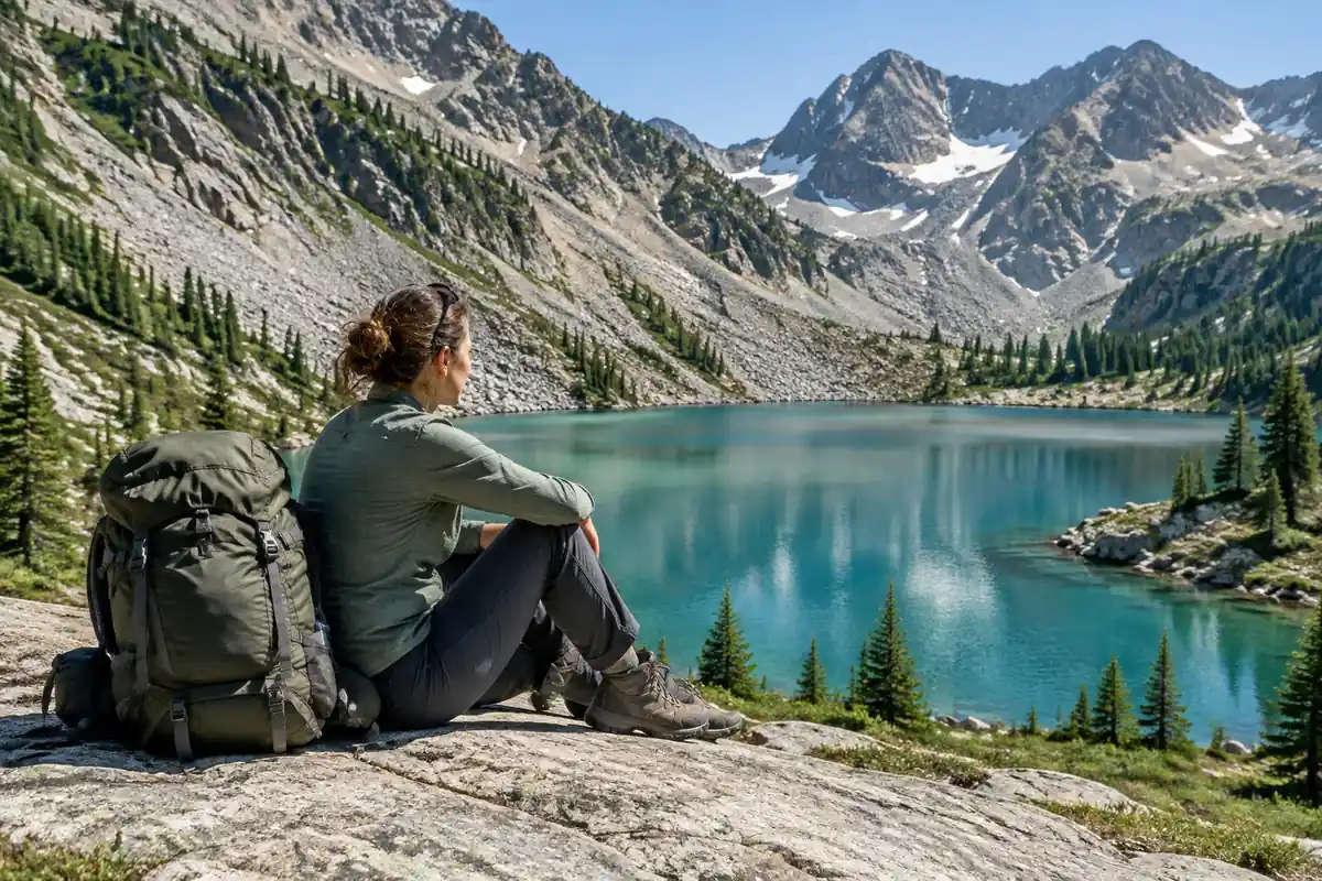 Alpine lake basin with a backpacker resting beside a 50 litre pack