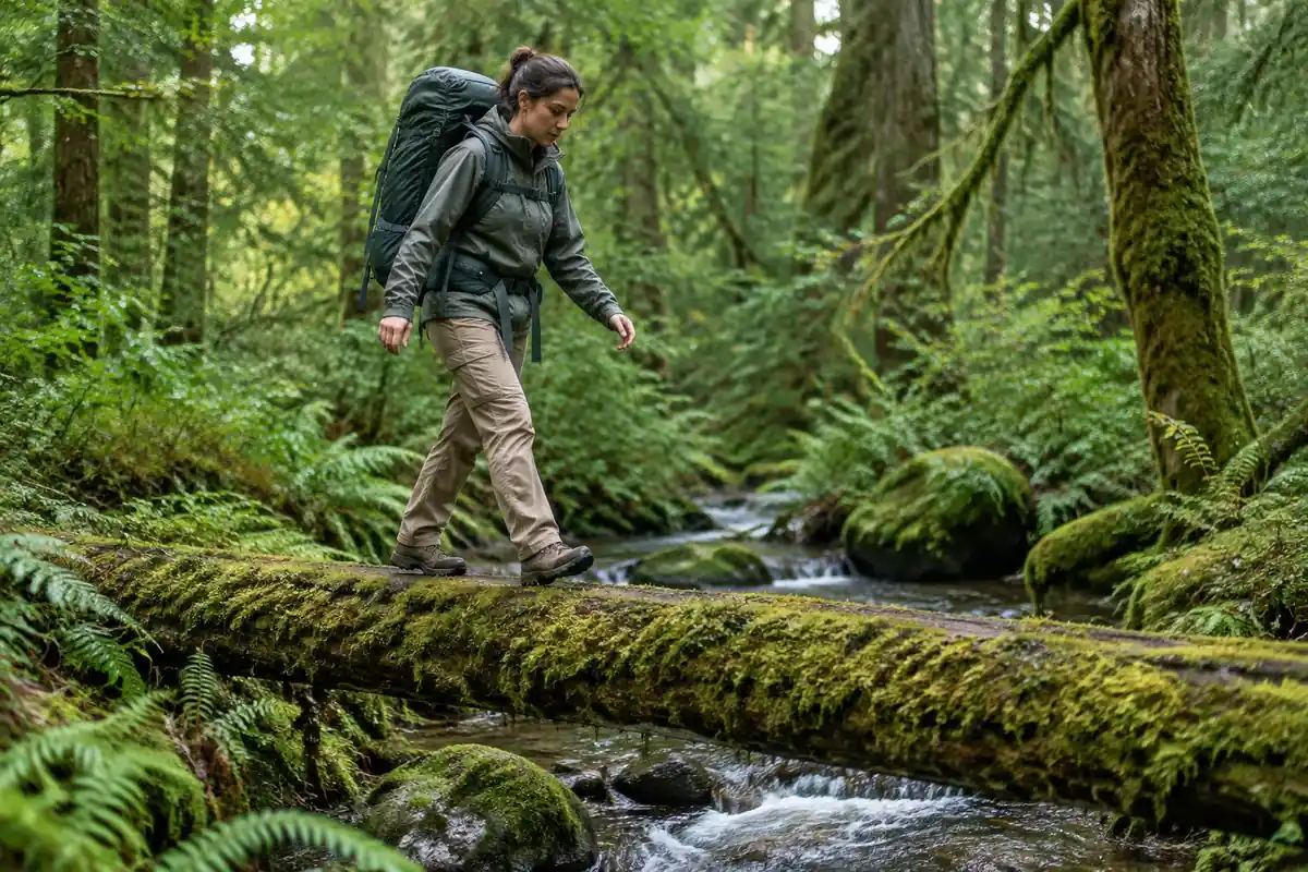 Backpacker crossing a log bridge with a loaded internal-frame pack